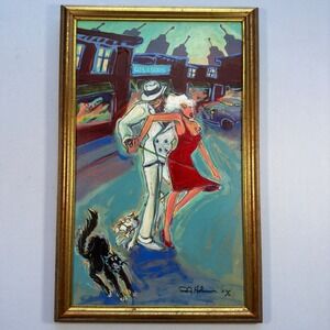 R.J. Hohimer Serigraph Embellished Street Dance 14x22 Mid Century Noir Cats Dogs